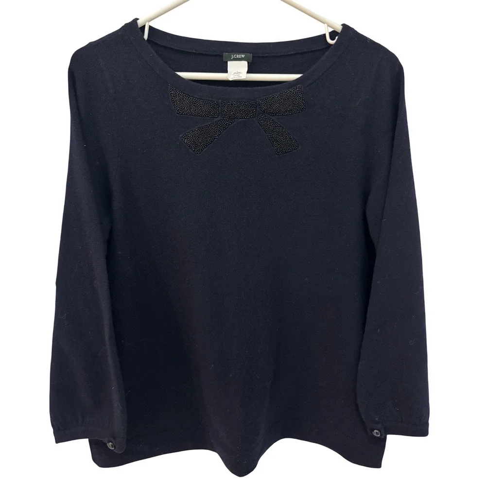 J. Crew Navy Beaded Bow Sweater Size L Wool Cashmere Blend 3/4 Sleeve